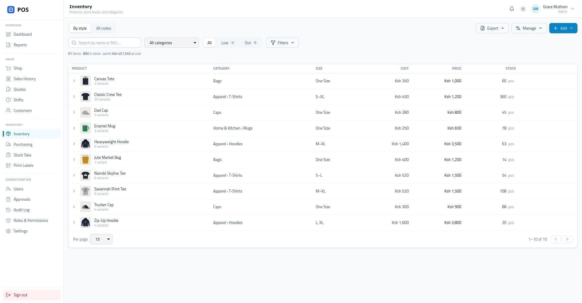 Point of sale inventory grouped by style, with variants, cost, price, and stock levels