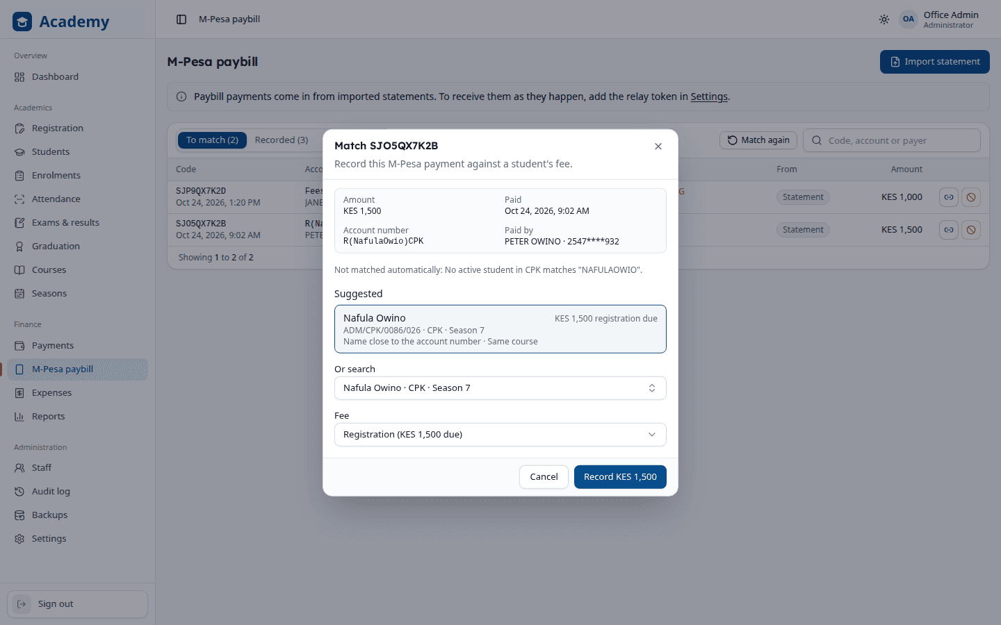 Matching an M-Pesa paybill payment with a misspelled account number to a suggested student